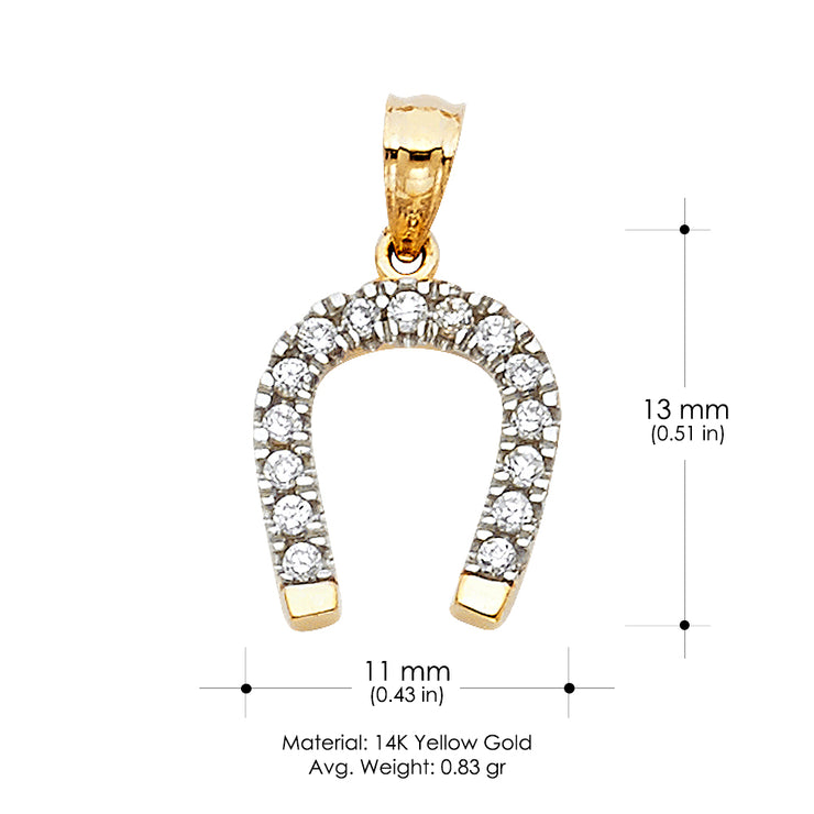 14K Gold CZ Lucky Horseshoe Charm Pendant with 1.5mm Flat Open Wheat Chain Necklace