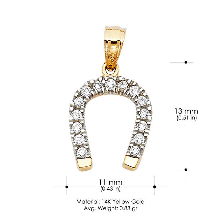 14K Gold CZ Lucky Horseshoe Charm Pendant with 0.8mm Box Chain Necklace