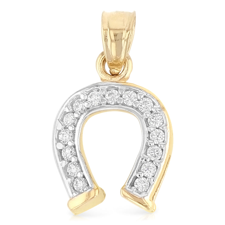 14K Gold CZ Lucky Horseshoe Charm Pendant with 1.5mm Flat Open Wheat Chain Necklace