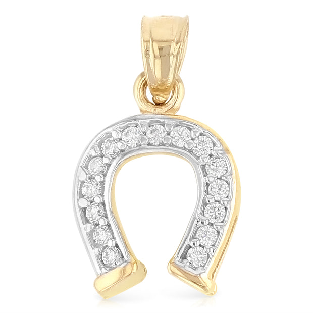 14K Gold CZ Lucky Horseshoe Charm Pendant with 0.8mm Box Chain Necklace