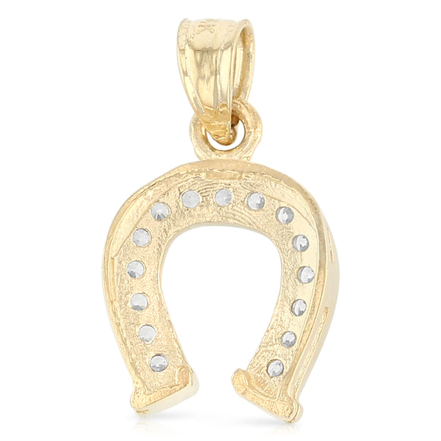 14K Gold CZ Lucky Horseshoe Charm Pendant with 1.5mm Flat Open Wheat Chain Necklace