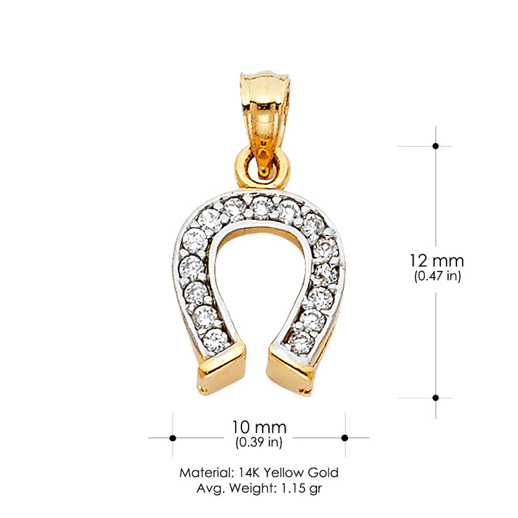 14K Gold CZ Lucky Horseshoe Charm Pendant with 1.2mm Singapore Chain Necklace