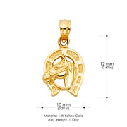 14K Gold Lucky Horseshoe Charm Pendant with 1.5mm Flat Open Wheat Chain Necklace