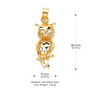 14K Gold Owl Charm Pendant with 0.8mm Box Chain Necklace