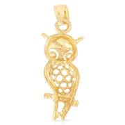 14K Gold Owl Charm Pendant with 1.8mm Singapore Chain Necklace