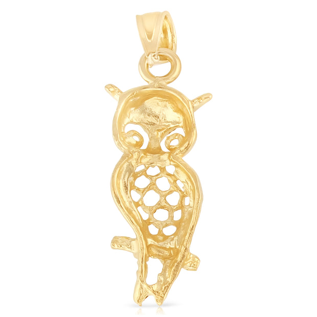 14K Gold Owl Charm Pendant with 1.8mm Singapore Chain Necklace