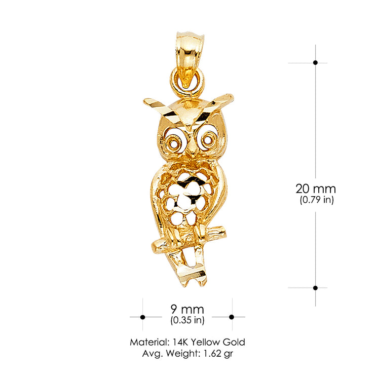 14K Gold Owl Charm Pendant with 2.3mm Figaro 3+1 Chain Necklace