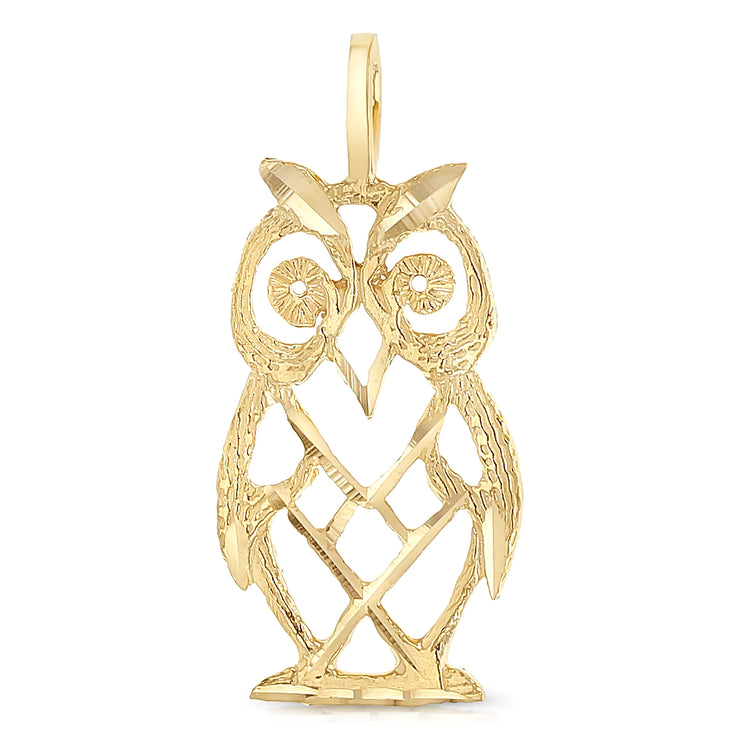 14K Gold Owl Charm Pendant with 1.7mm Flat Open Wheat Chain Necklace