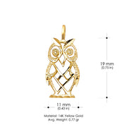 14K Gold Owl Charm Pendant with 1.7mm Flat Open Wheat Chain Necklace