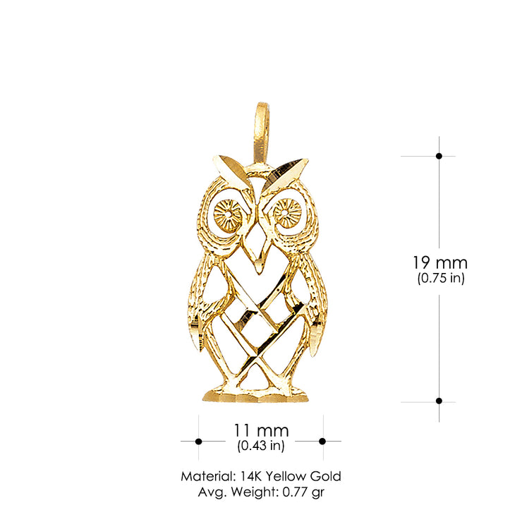 14K Gold Owl Charm Pendant with 1.7mm Flat Open Wheat Chain Necklace