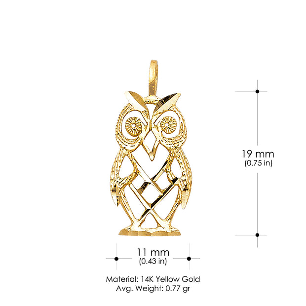 14K Gold Owl Charm Pendant with 2.3mm Figaro 3+1 Chain Necklace