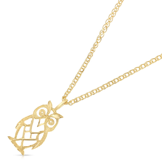 14K Gold Owl Charm Pendant with 1.7mm Flat Open Wheat Chain Necklace