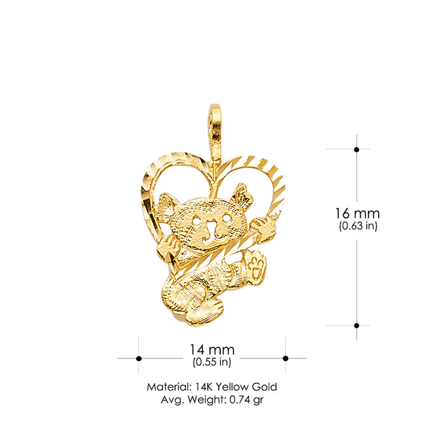 14K Gold Teddy Bear with Heart Charm Pendant