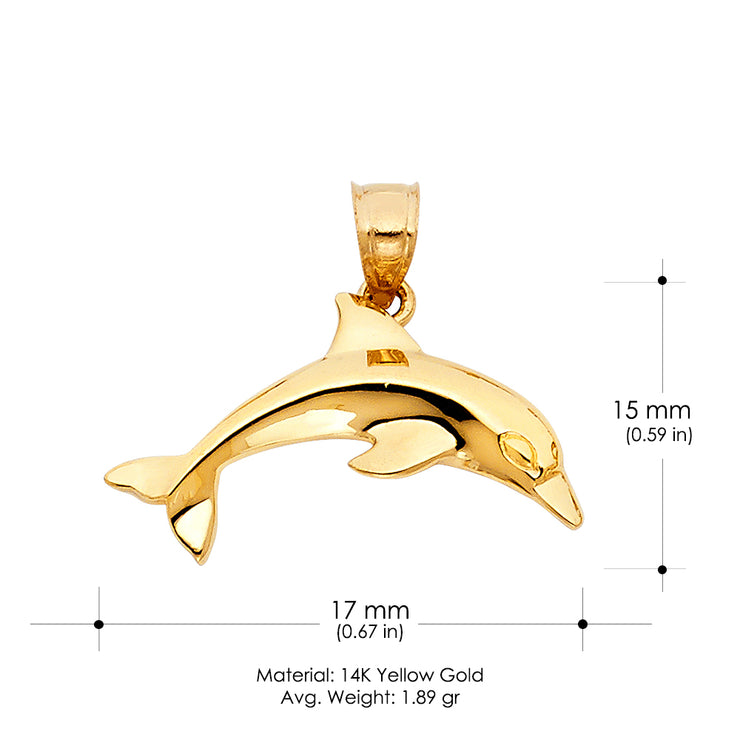 14K Gold Dolphin Charm Pendant with 1.7mm Flat Open Wheat Chain Necklace