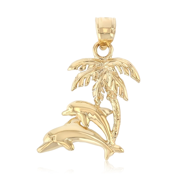 14K Gold Dolphin with Palm Tree Charm Pendant with 1.8mm Singapore Chain Necklace