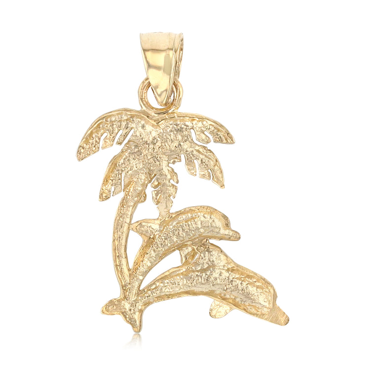 14K Gold Dolphin with Palm Tree Charm Pendant with 1.7mm Flat Open Wheat Chain Necklace