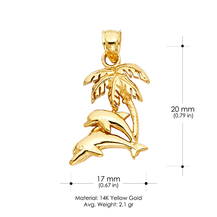 14K Gold Dolphin with Palm Tree Charm Pendant with 1.8mm Singapore Chain Necklace