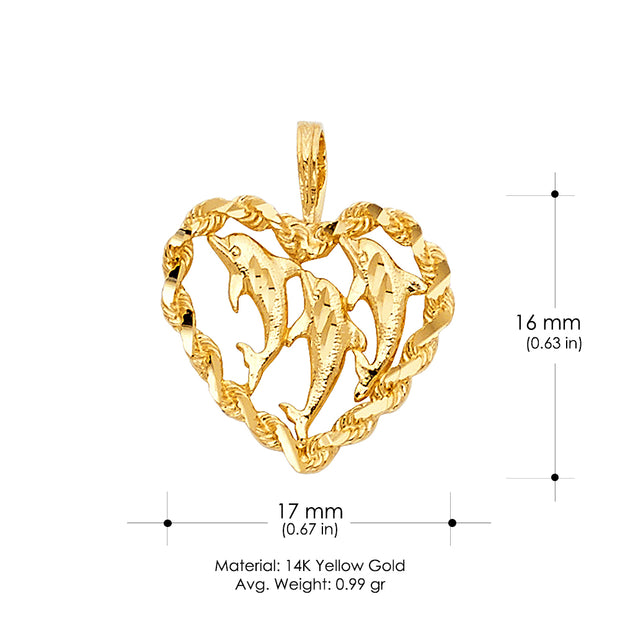 14K Gold Heart & Dolphin Charm Pendant