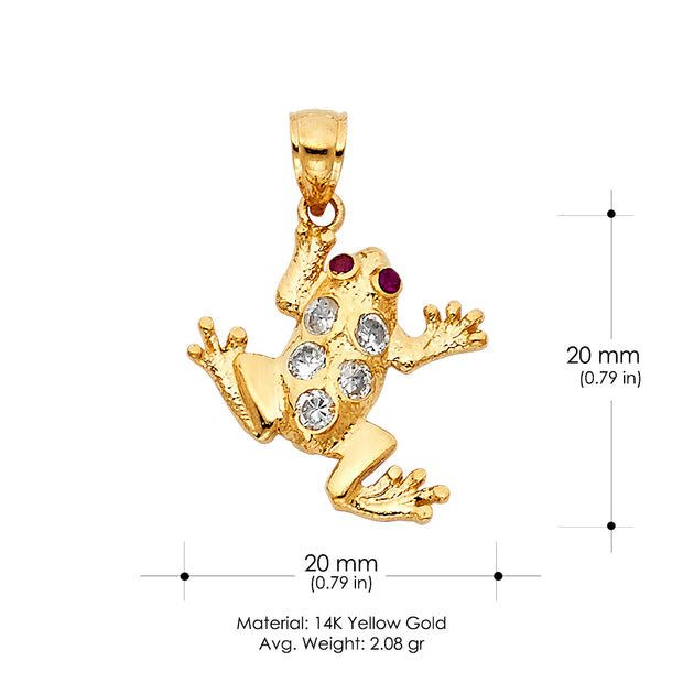 14K Gold CZ Frog Charm Pendant with 1.7mm Flat Open Wheat Chain Necklace