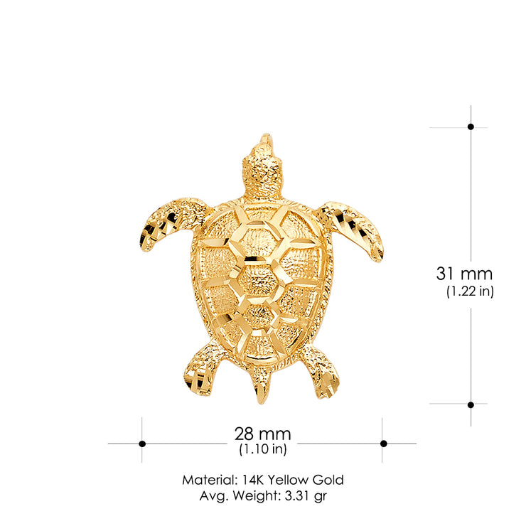 14K Gold Turtle Charm Pendant with 1.7mm Flat Open Wheat Chain Necklace