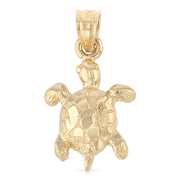 14K Gold Turtle Charm Pendant with 1.5mm Flat Open Wheat Chain Necklace