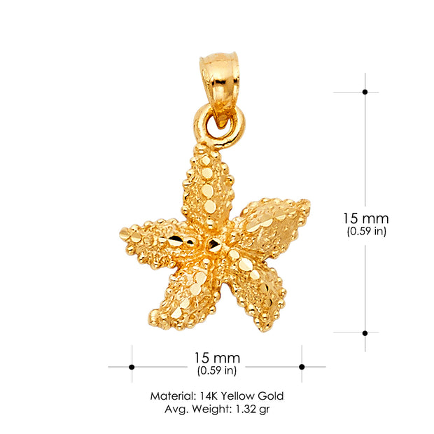 14K Gold Starfish Charm Pendant with 1.5mm Flat Open Wheat Chain Necklace