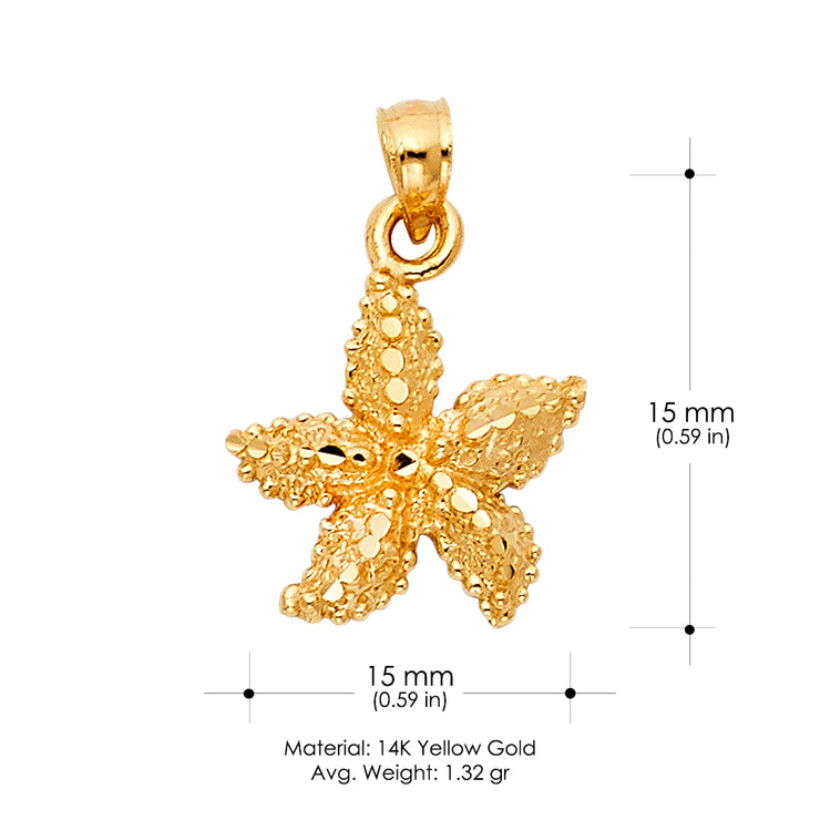 14K Gold Starfish Charm Pendant with 1.5mm Flat Open Wheat Chain Necklace