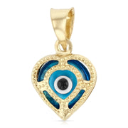 14K Gold Evil Eye Heart Charm Pendant with 1.2mm Flat Open Wheat Chain Necklace