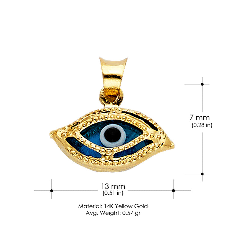 14K Gold Evil Eye Charm Pendant with 1.2mm Flat Open Wheat Chain Necklace