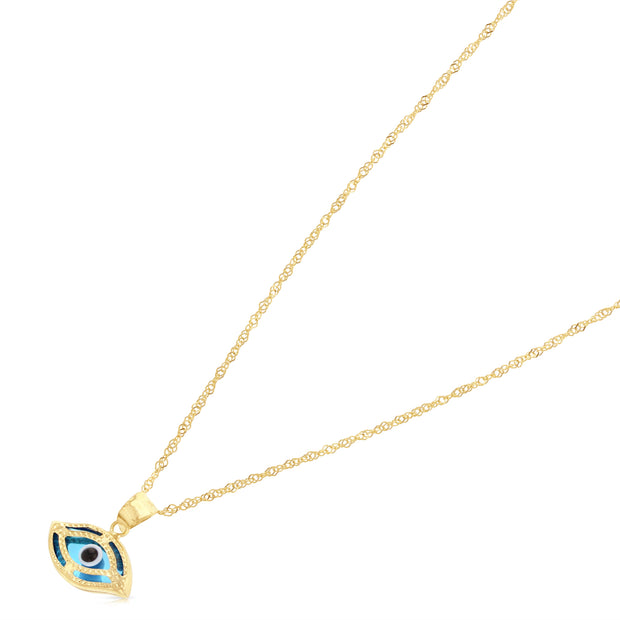 14K Gold Evil Eye Charm Pendant with 0.9mm Singapore Chain Necklace