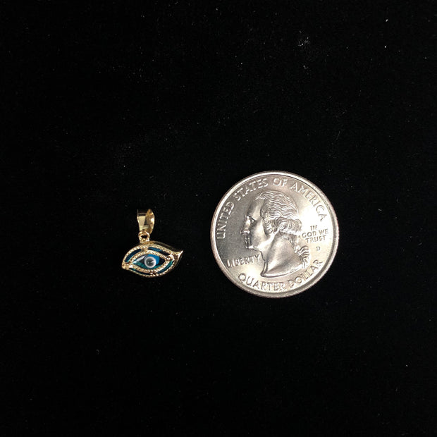 14K Gold Evil Eye Charm Pendant with 1.6mm Figaro 3+1 Chain Necklace
