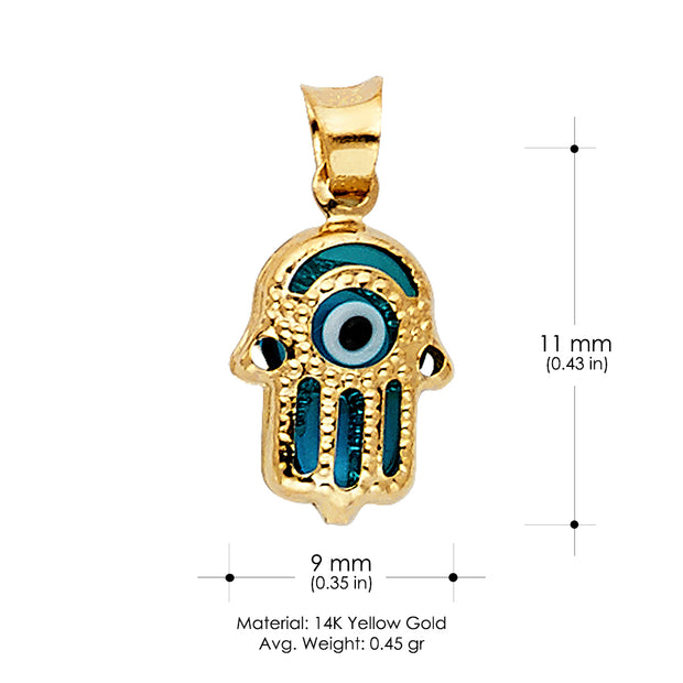 14K Gold Evil Eye Hamsa Charm Pendant with 0.9mm Singapore Chain Necklace