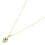 14K Gold Evil Eye Hamsa Charm Pendant with 0.8mm Box Chain Necklace