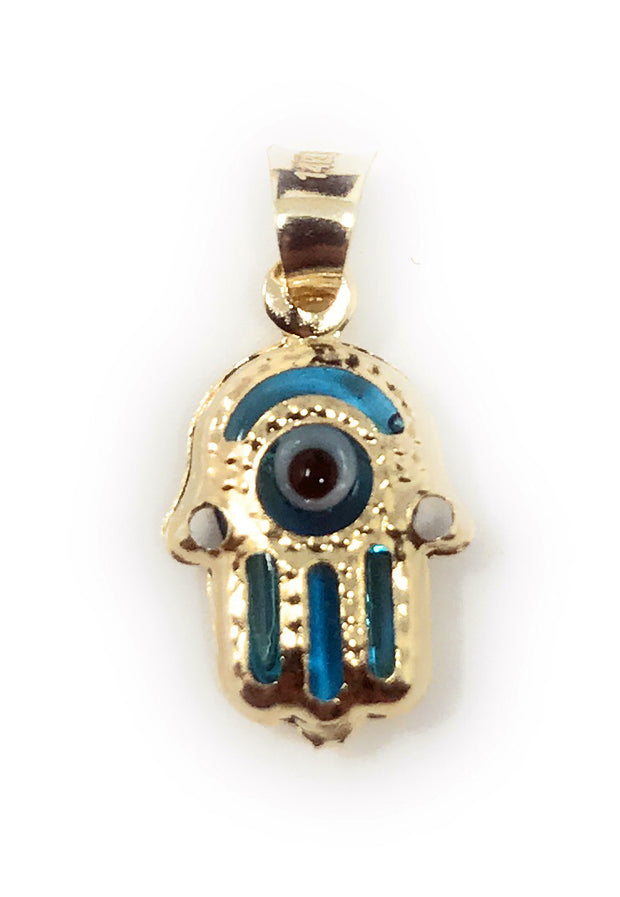 14K Gold Evil Eye Hamsa Charm Pendant with 0.9mm Singapore Chain Necklace