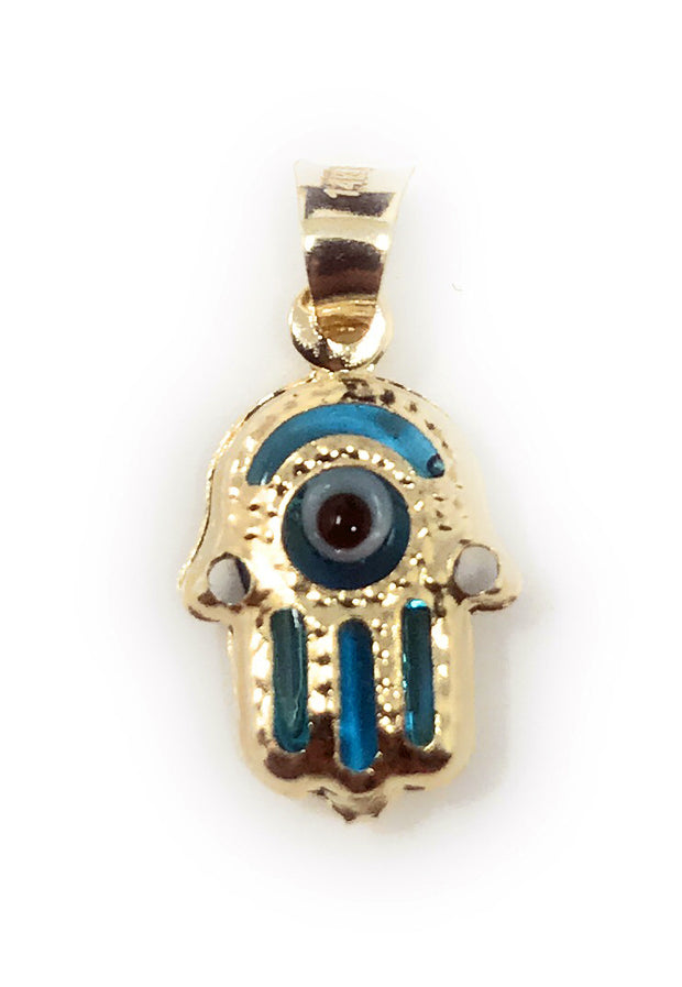 14K Gold Evil Eye Hamsa Charm Pendant with 1.2mm Flat Open Wheat Chain Necklace