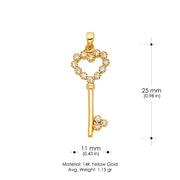 14K Gold CZ Heart Design Key Charm Pendant