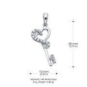 14K Gold CZ Heart Design Key Charm Pendant