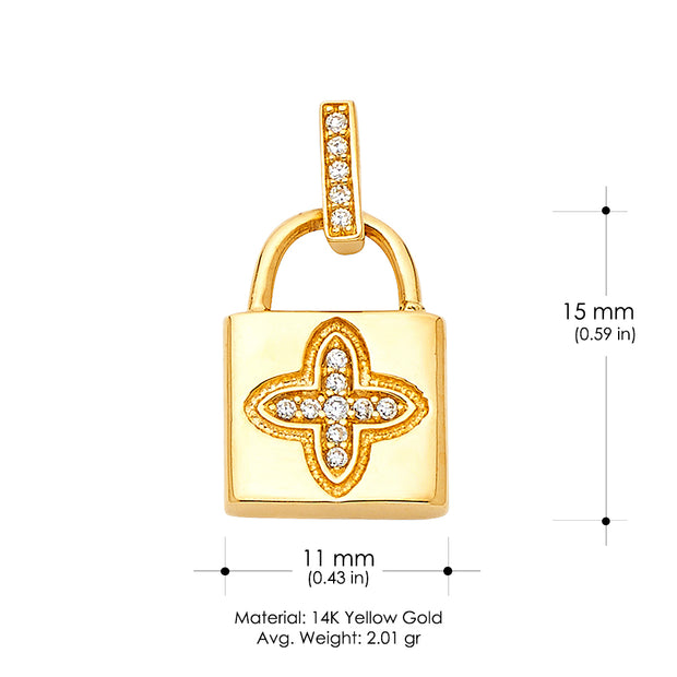 14K Gold CZ Lock Charm Pendant