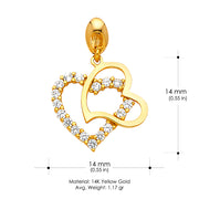 14K Gold CZ Double Heart Charm Pendant