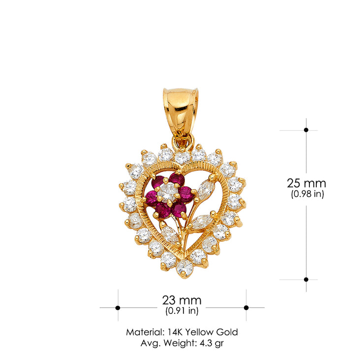 14K Gold CZ Heart with Flower Charm Pendant