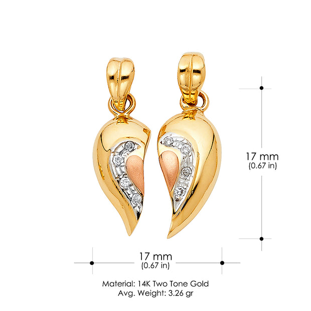 14K Gold CZ Heart 2 Piece Charm Pendant Set