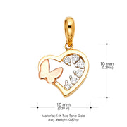 14K Gold CZ Heart & Butterfly Charm Pendant