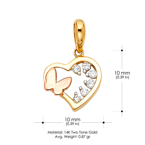 14K Gold CZ Heart & Butterfly Charm Pendant