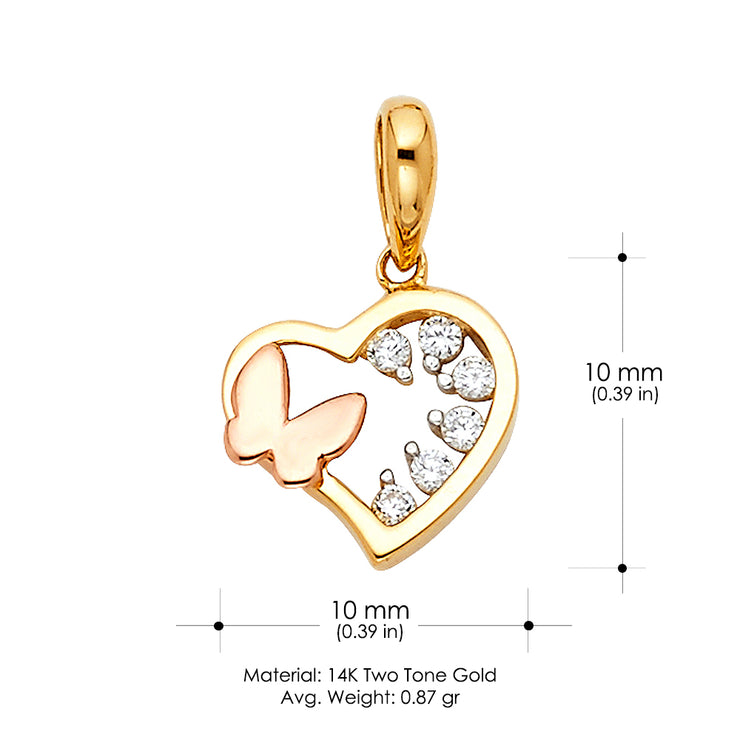 14K Gold CZ Heart & Butterfly Charm Pendant