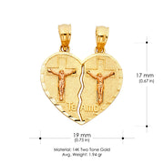 14K Gold Te Amo Heart 2 Piece Charm Pendant