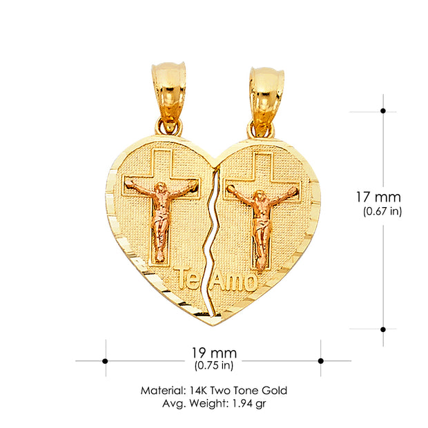 14K Gold Te Amo Heart 2 Piece Charm Pendant