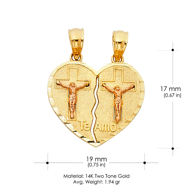 14K Gold Te Amo Heart 2 Piece Charm Pendant