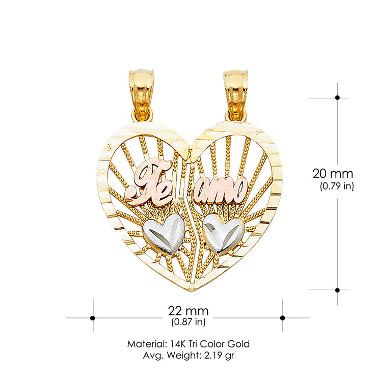 14K Gold Te Amo Heart 2 Piece Charm Pendant