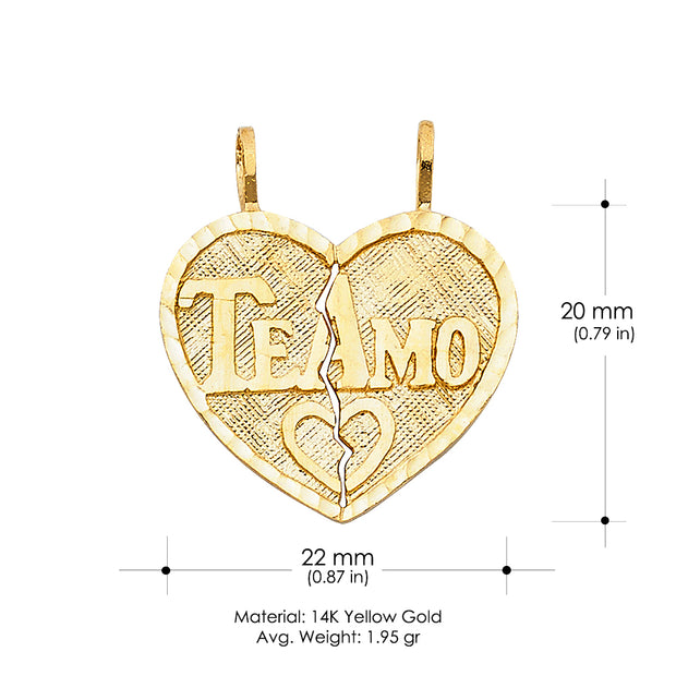 14K Gold Te Amo Heart 2 Piece Charm Pendant with 2.3mm Figaro 3+1 Chain Necklace