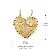 14K Gold Te Amo Heart 2 Piece Charm Pendant with 1.5mm Flat Open Wheat Chain Necklace